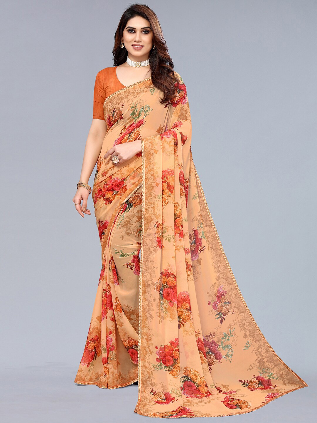 

KALINI Floral Printed Embellished Saree, Orange