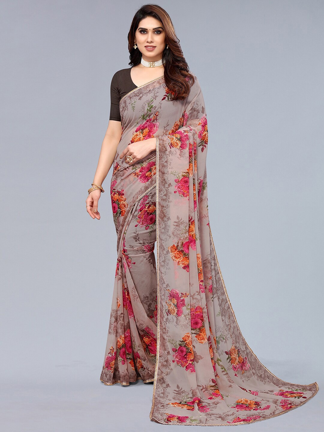 

KALINI Floral Printed Embellished Saree, Brown