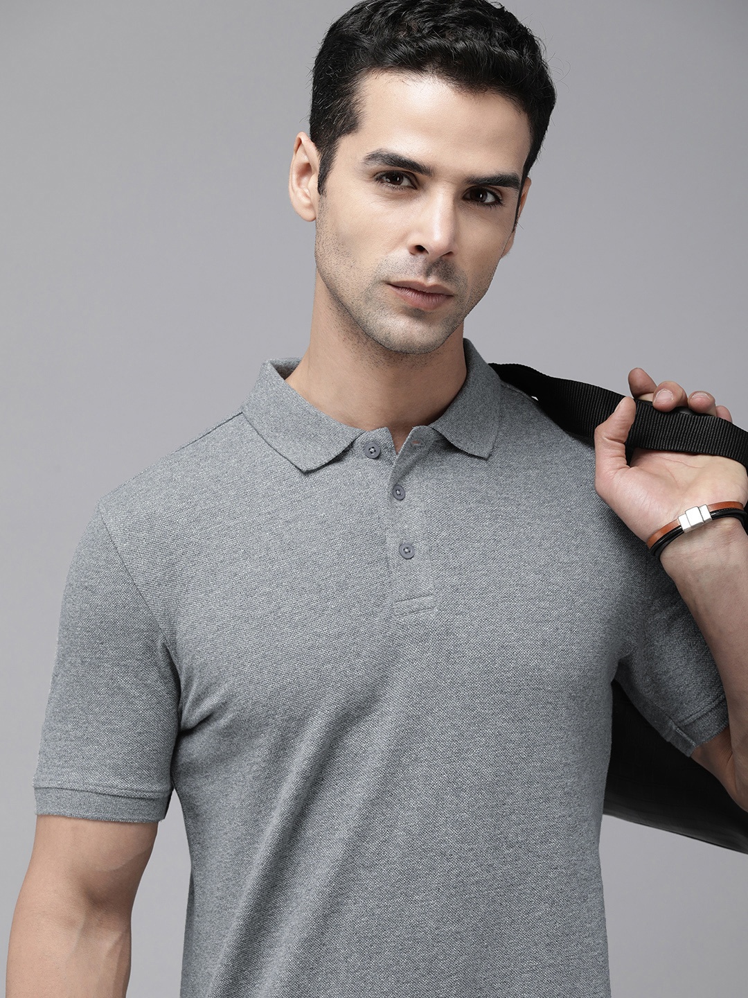 

Roadster Polo Collar Cotton T-shirt, Grey melange