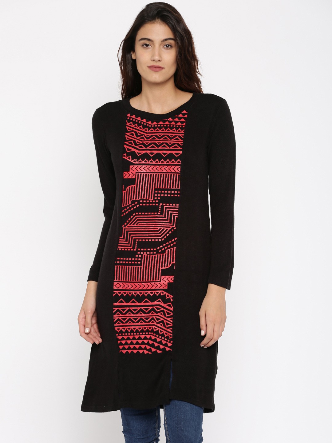 

Global Desi Women Black & Red Woven Design Straight Kurta