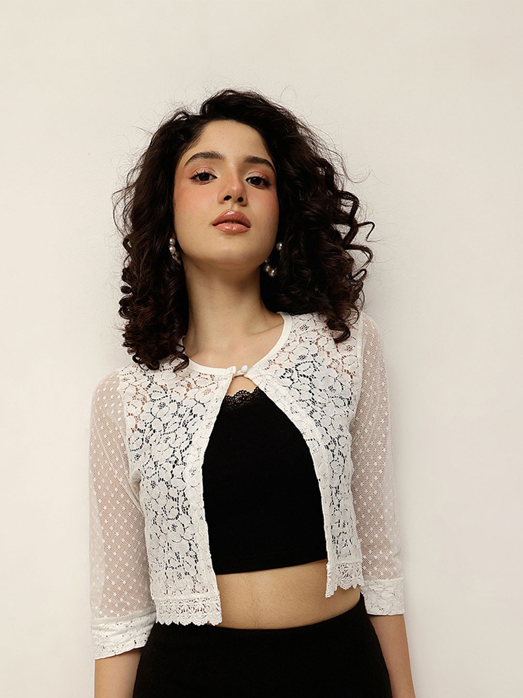 

Espresso Sheer Lace Button Shrug, Off white
