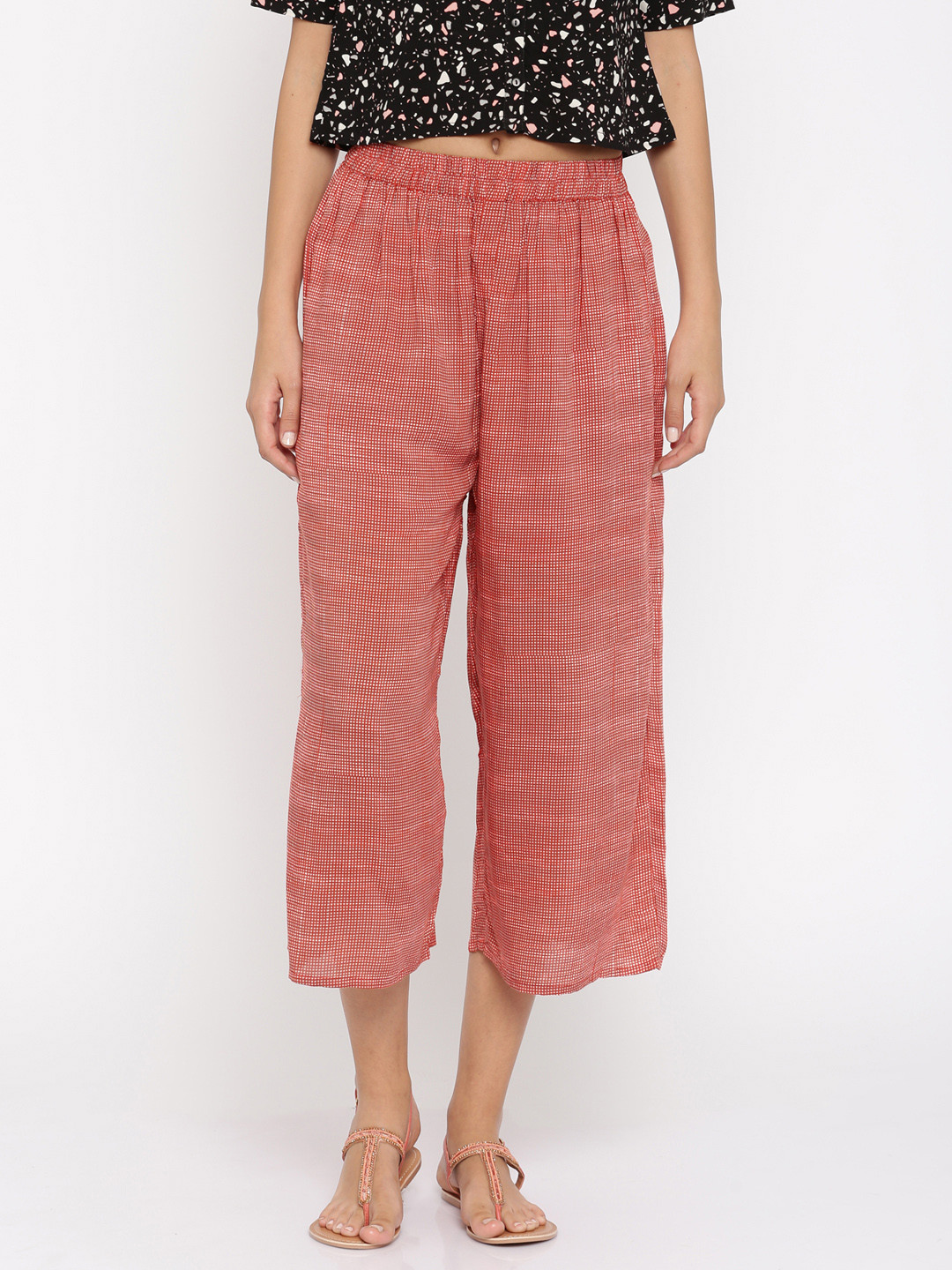 

Global Desi Women Red Regular Fit Printed Parallel Trousers