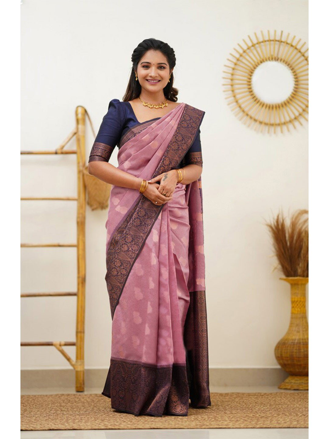 

Wuxi Ethnic Motifs Woven Design Zari Pure Silk Banarasi Saree, Peach
