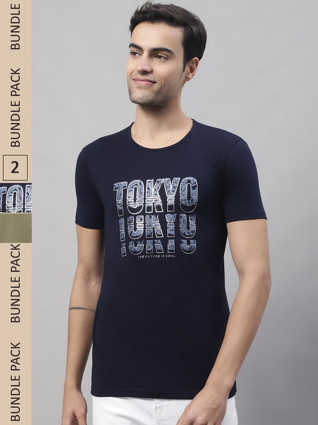 

VIMAL JONNEY Pack Of 2 Typography Printed Cotton T-shirt, Navy blue