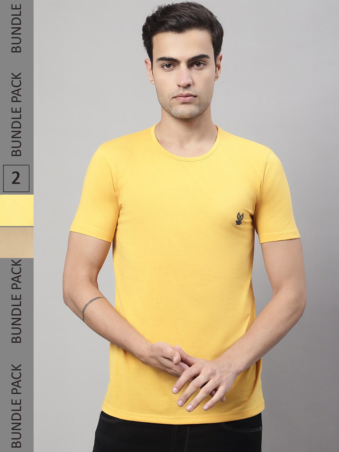 

MACK JONNEY Pack of 2 Graphic Printed Round Neck Cotton T-shirt, Yellow