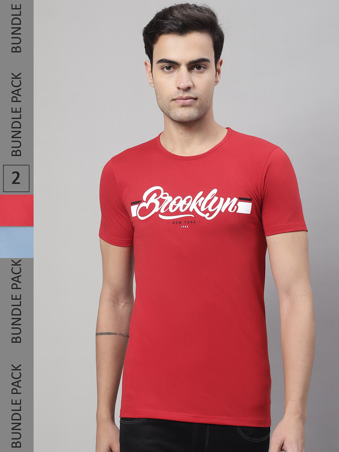 

MACK JONNEY Pack of 2 Typography Printed Round Neck Cotton T-shirt, Red