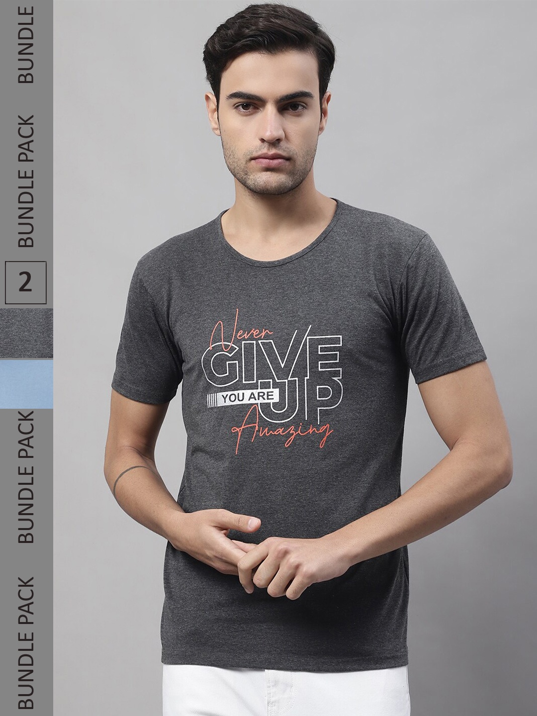 

MACK JONNEY Pack of 2 Typography Printed Round Neck Cotton T-shirt, Charcoal