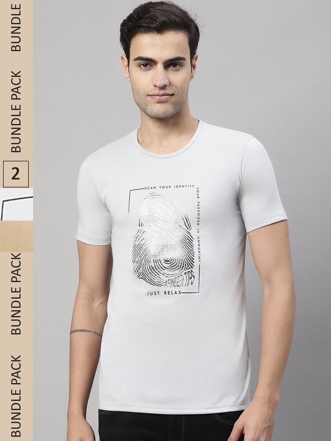 

VIMAL JONNEY Pack Of 2 Graphic Printed Cotton T-shirt, Grey