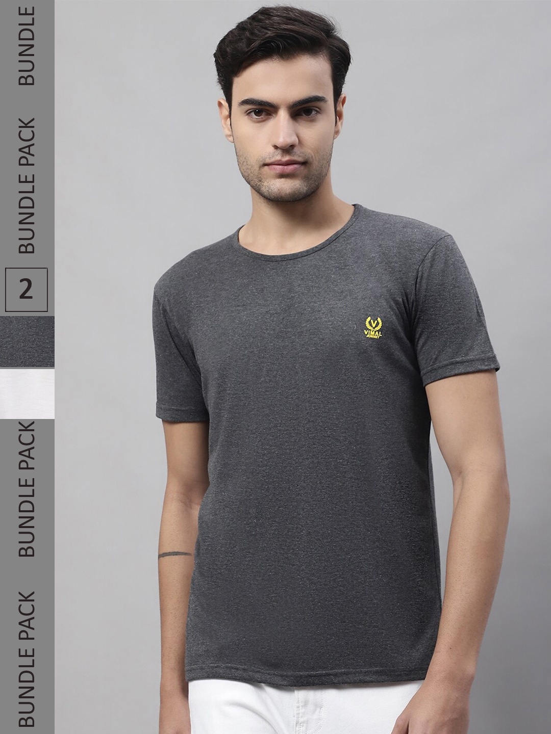 

VIMAL JONNEY Pack Of 2 Round Neck Cotton T-shirt, Grey