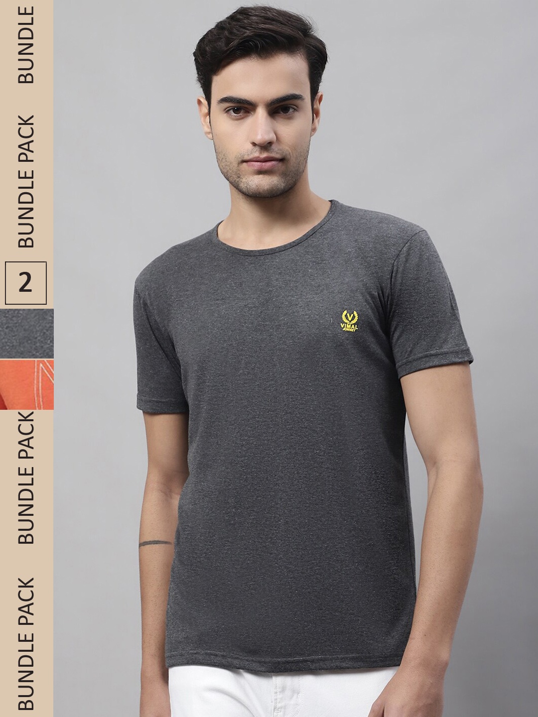 

VIMAL JONNEY Pack Of 2 Cotton T-shirt, Charcoal