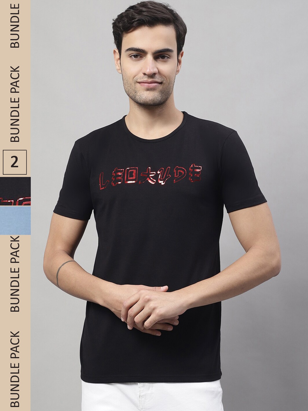 

VIMAL JONNEY Pack Of 2 Typography Printed Cotton T-shirt, Black