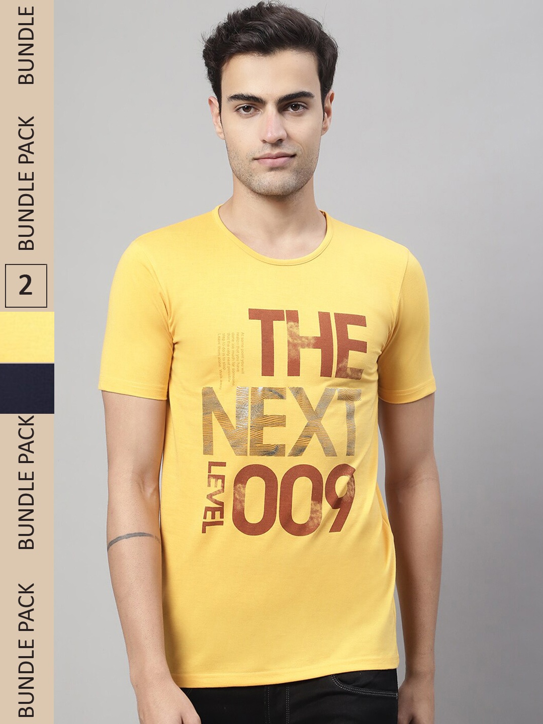 

VIMAL JONNEY Pack Of 2 Printed Cotton Slim Fit T-shirt, Yellow