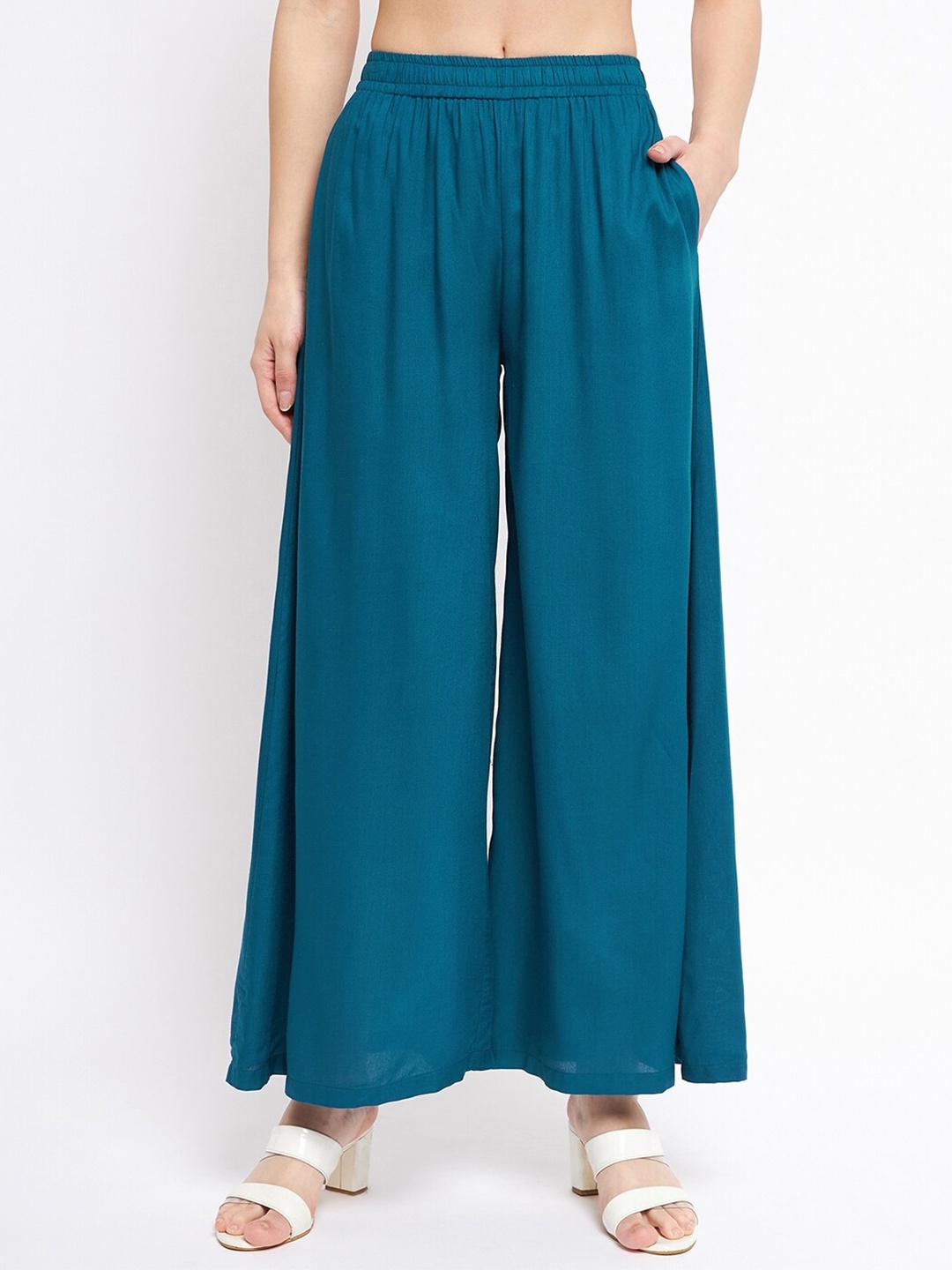 

BRINNS Women Elasticated Waistband Slip-On Wide Leg Palazzos, Teal