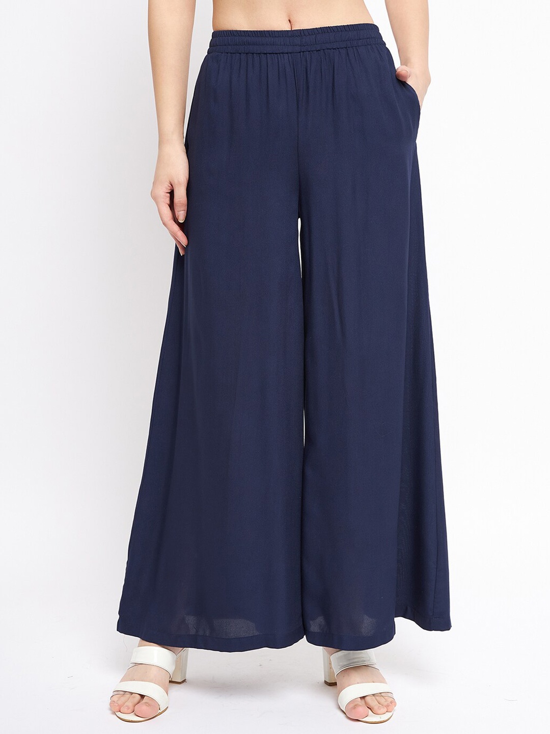 

BRINNS Women Elasticated Waistband Slip-On Wide Leg Palazzos, Navy blue