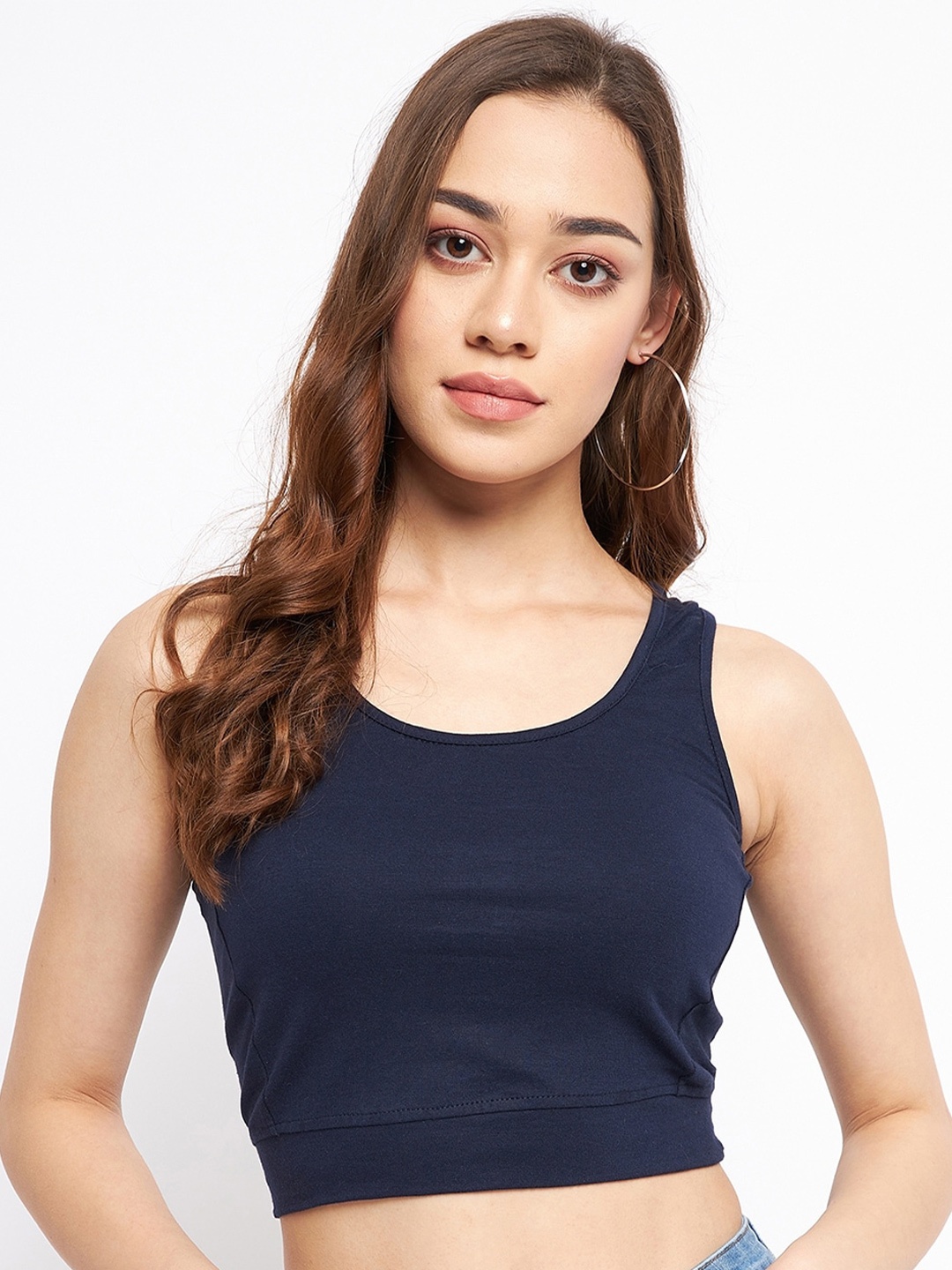 

BRINNS Sleeveless Styled Back Fitted Crop Cotton Top, Navy blue