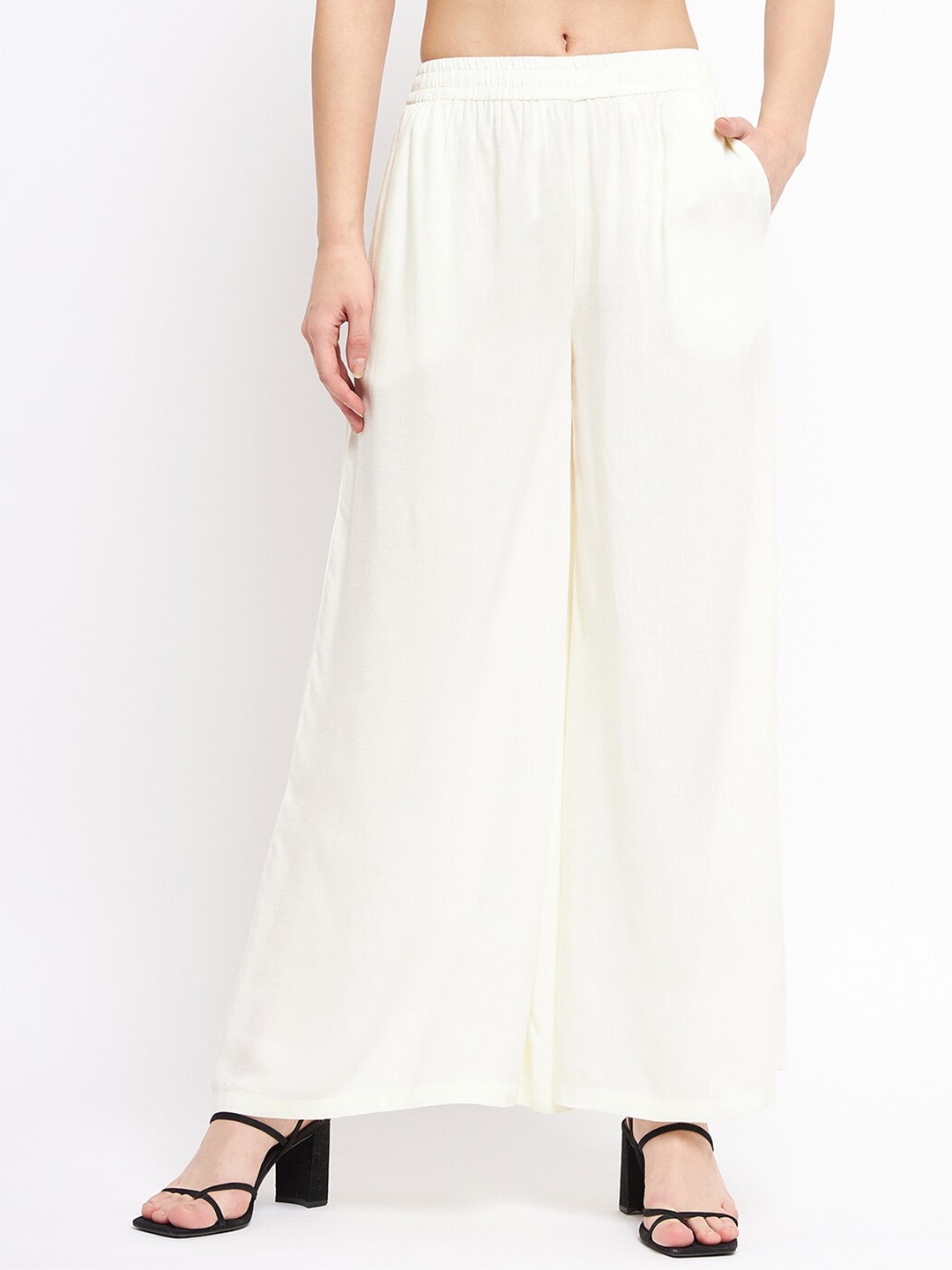 

BRINNS Women Elasticated Waistband Slip-On Wide Leg Palazzos, Cream
