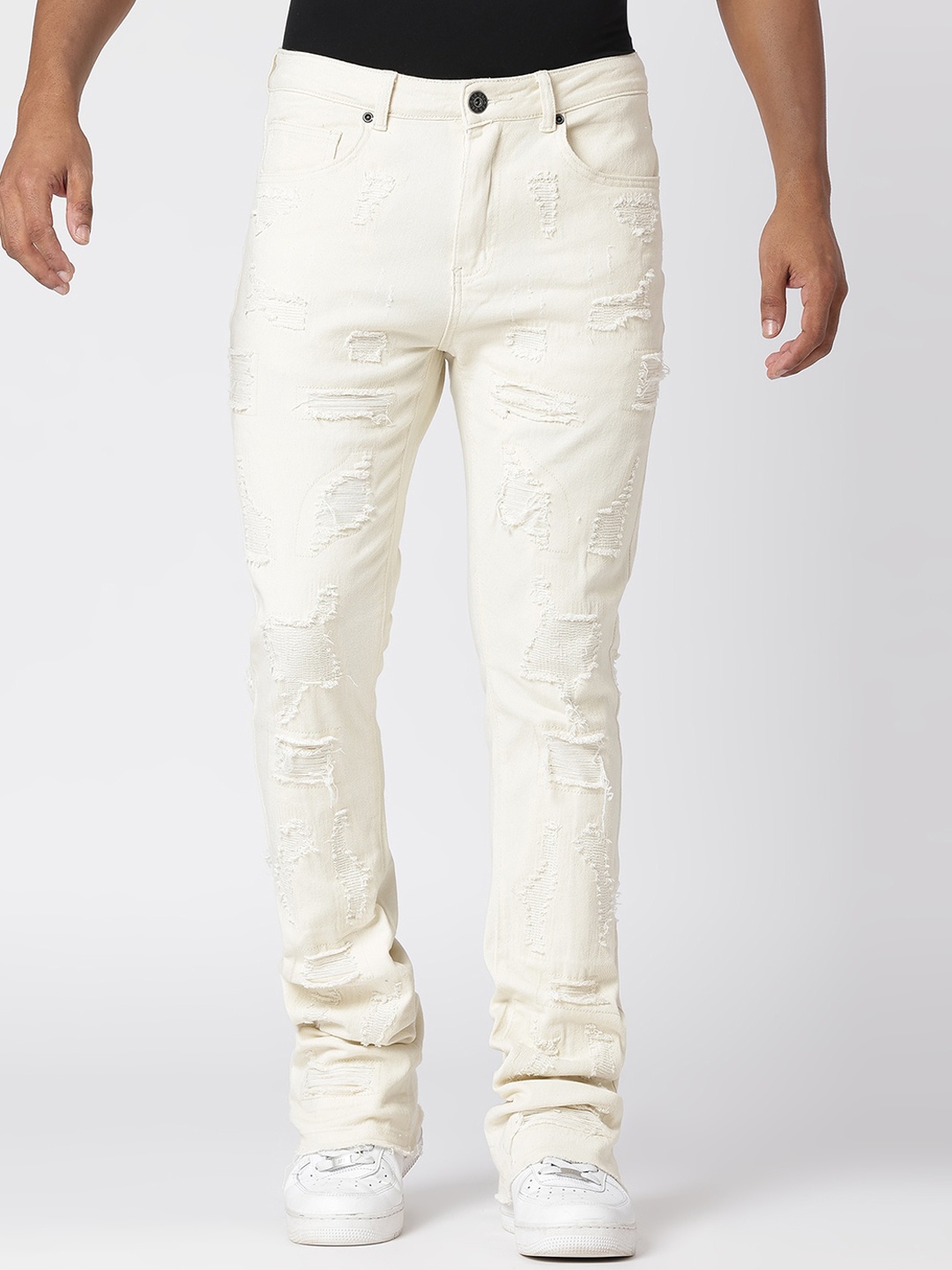 

WAIMEA Men Mid-Rise Bootcut Mildly Distressed Stretchable Jeans, Cream