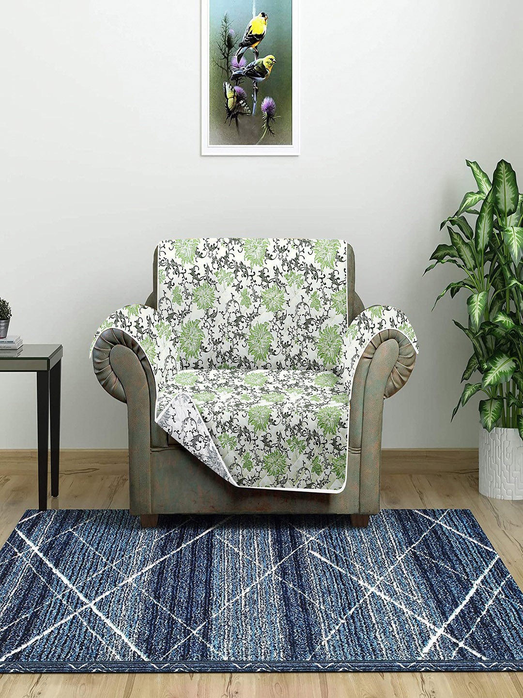 

Cortina Green & White Printed Single Seater Reversible Sofa Cover With Arms