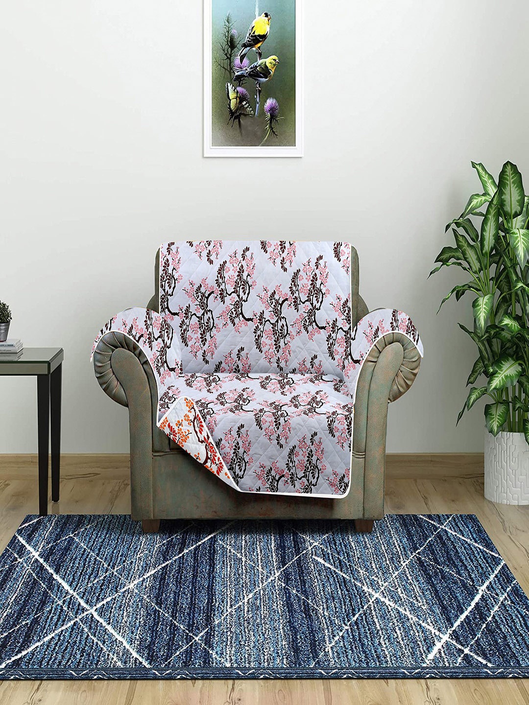 

Cortina Pink & Orange Printed Single Seater Reversible Sofa Cover With Arms