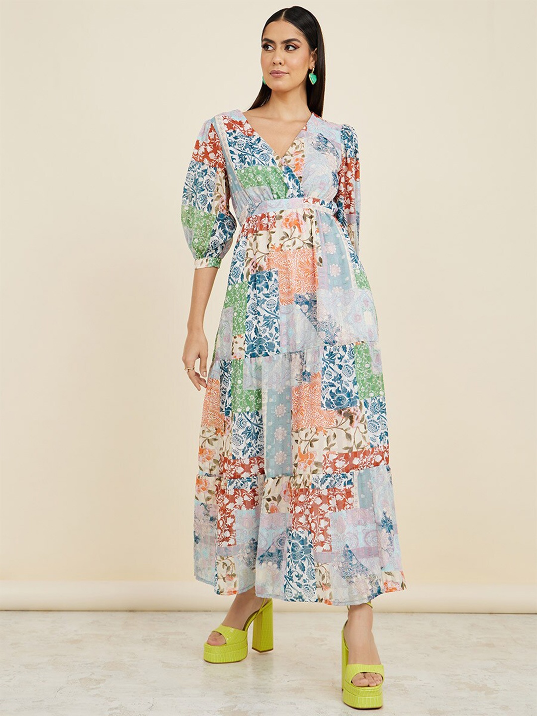 

Styli Blue & Peach Floral Printed V-Neck Wrap Midi Dress