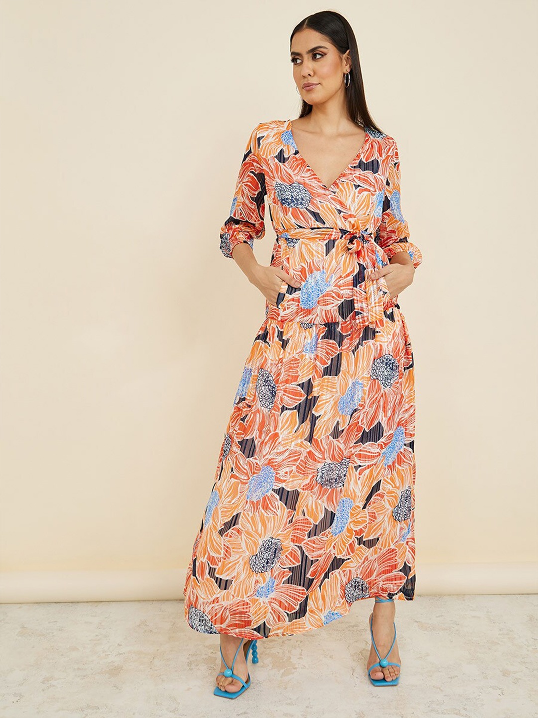

Styli Navy Blue & Orange Floral Printed V-Neck Puff Sleeves Maxi Dress