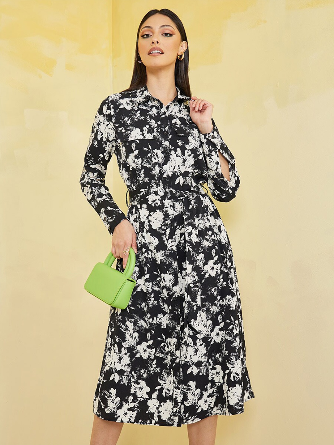 

Styli Black Floral Printed Shirt Midi Dress