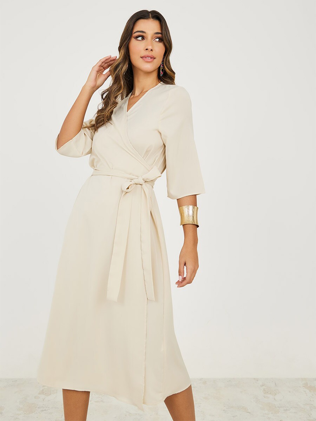 

Styli Beige V-Neck Midi Wrap Dress