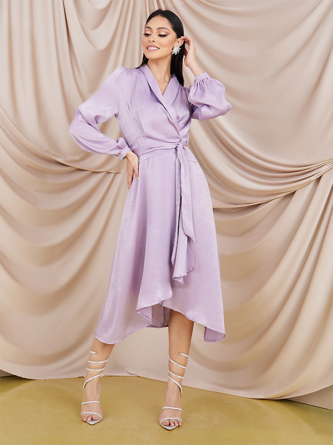 

Styli Purple V-Neck Puff Sleeves Wrap Dress