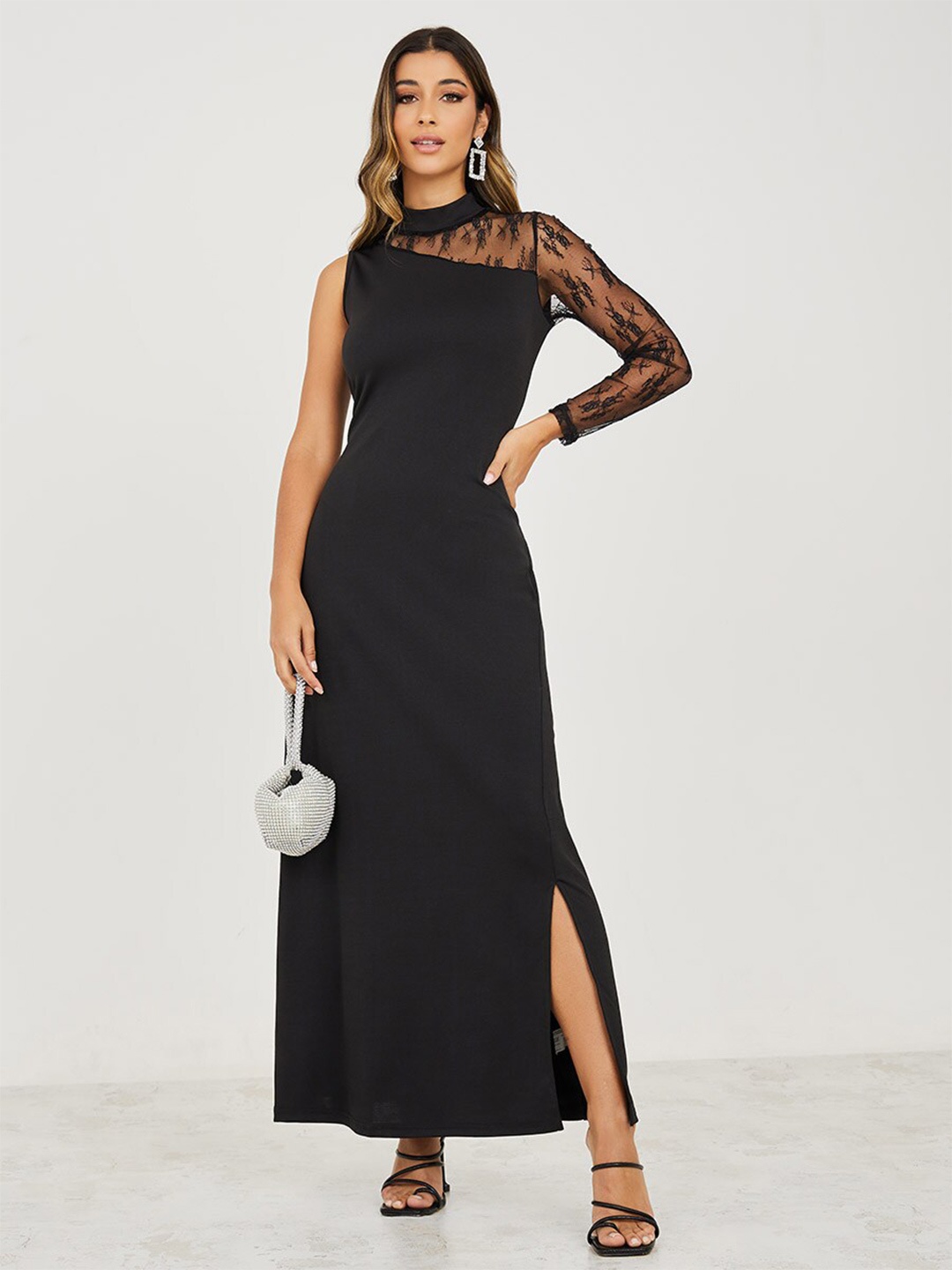 

Styli Black High Neck Side Slit Detail Maxi Dress