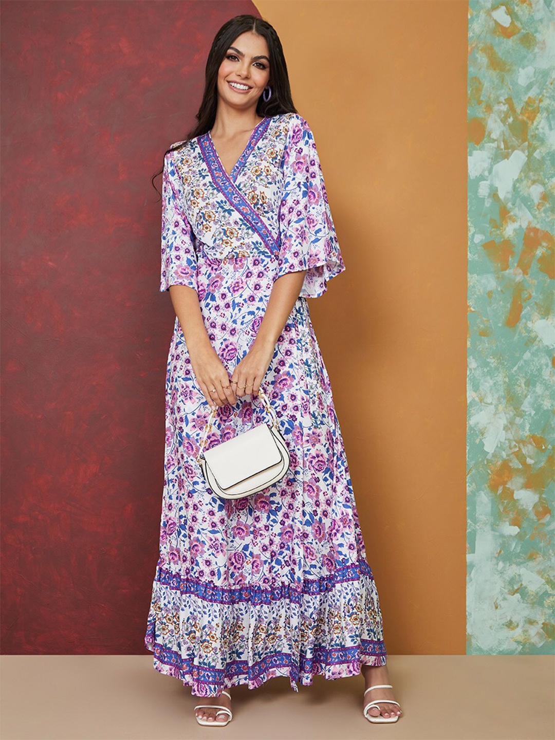 

Styli Purple Floral Printed V-Neck Flared Sleeves Maxi Dress