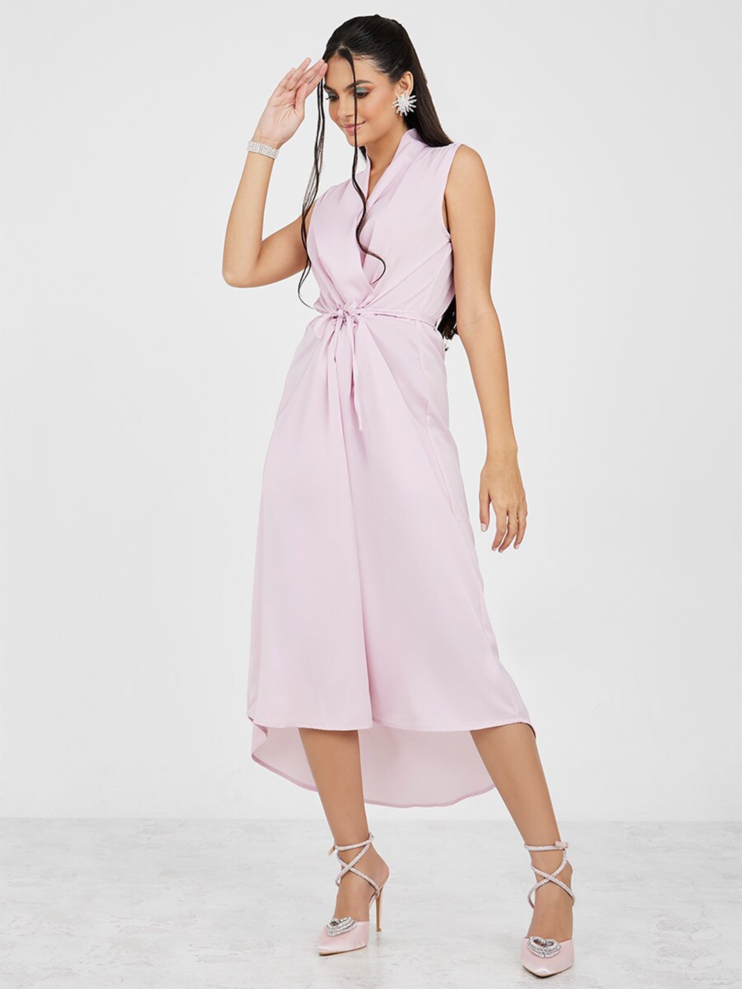 

Styli Pink V-Neck Tie-Up Detail High-Low Midi Wrap Dress