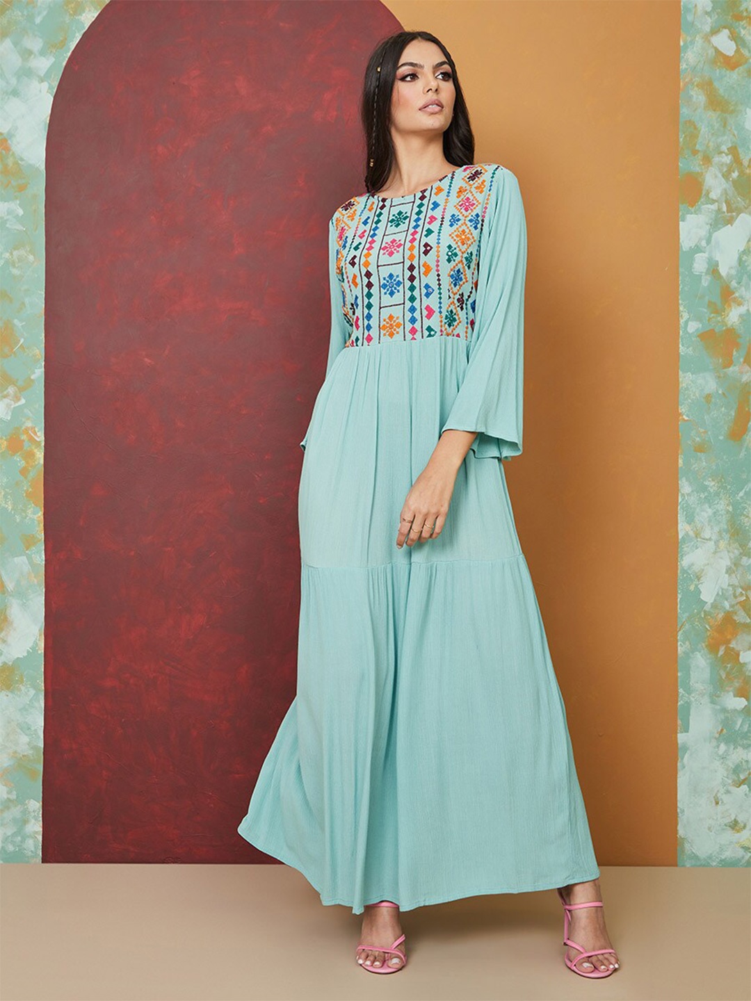 

Styli Green Ethnic Motifs Embroidered Flared Sleeves Maxi Dress
