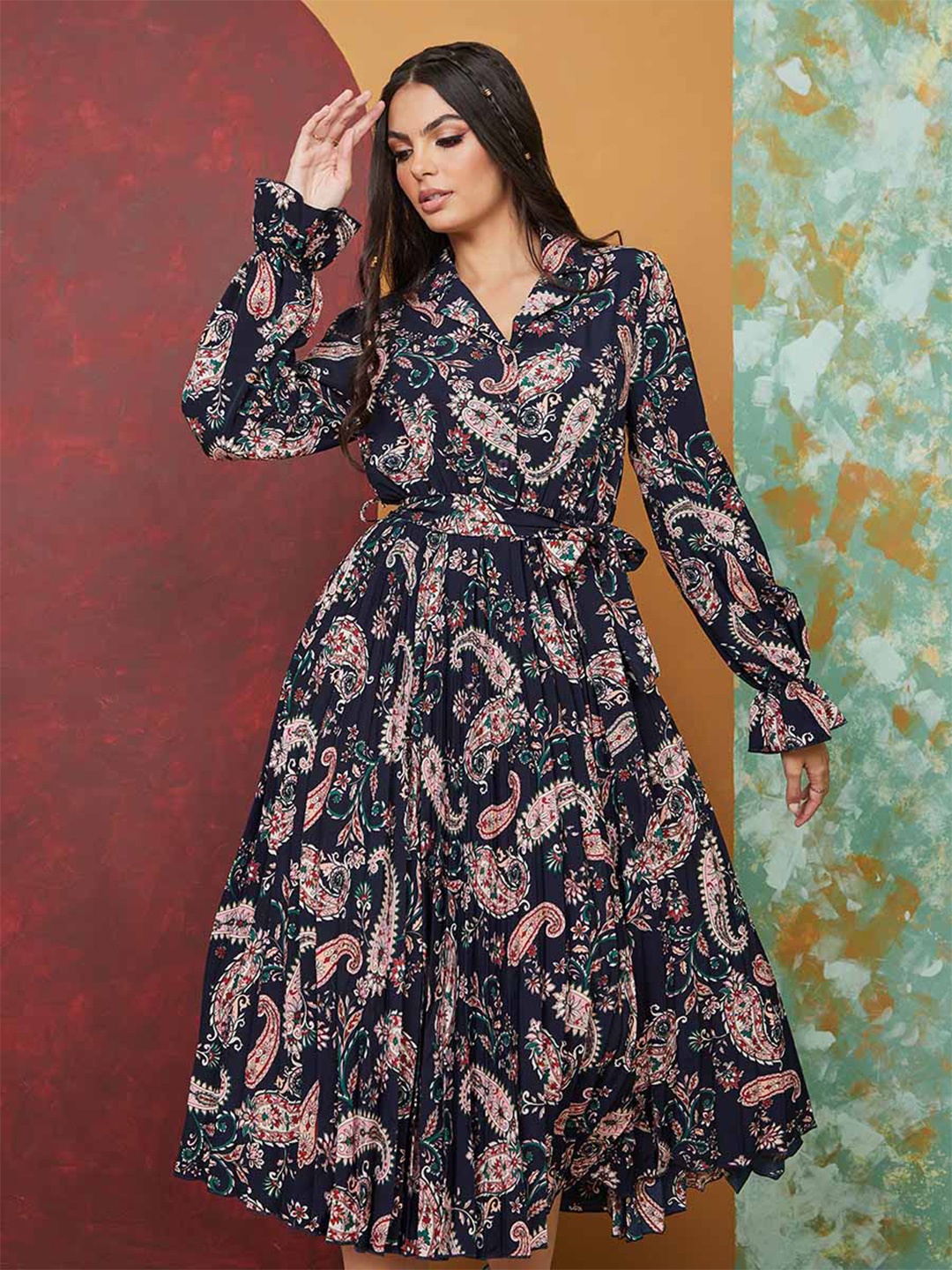 

Styli Blue Paisley Printed Shirt Collar Puff Sleeves Midi Wrap Dress