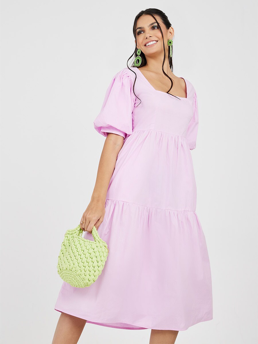 

Styli Purple Square Neck Puff Sleeves Tiered Cotton Midi Dress