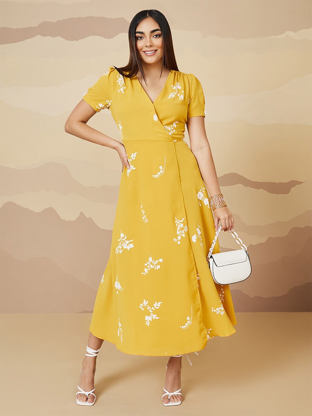 

Styli Mustard Yellow Floral Printed V-Neck Maxi Wrap Dress