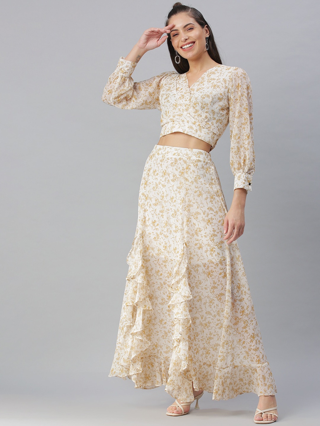 

SHOWOFF Women Floral Printed Top & Skirt Co-Ords Set, Off white