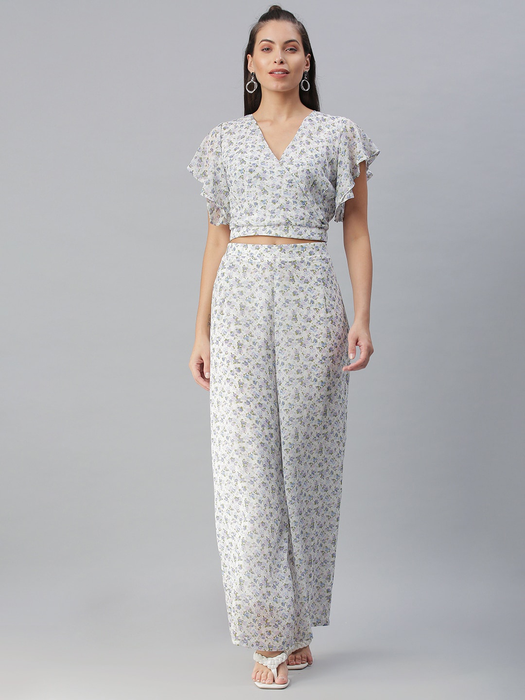 

SHOWOFF Women Floral Printed V-Neck Top With Palazzo Co-Ords Set, Off white