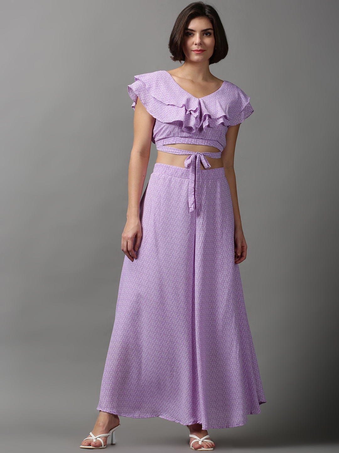 

SHOWOFF Printed V Neck Crop Top with Palazzo Co-Ord Set, Lavender