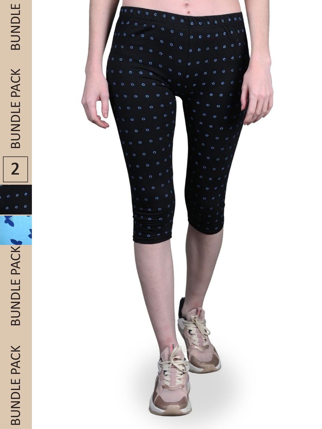 

FRENCH KLEIDER Girls Pack of 2 Printed Skinny Fit Cotton Lycra Capris, Black