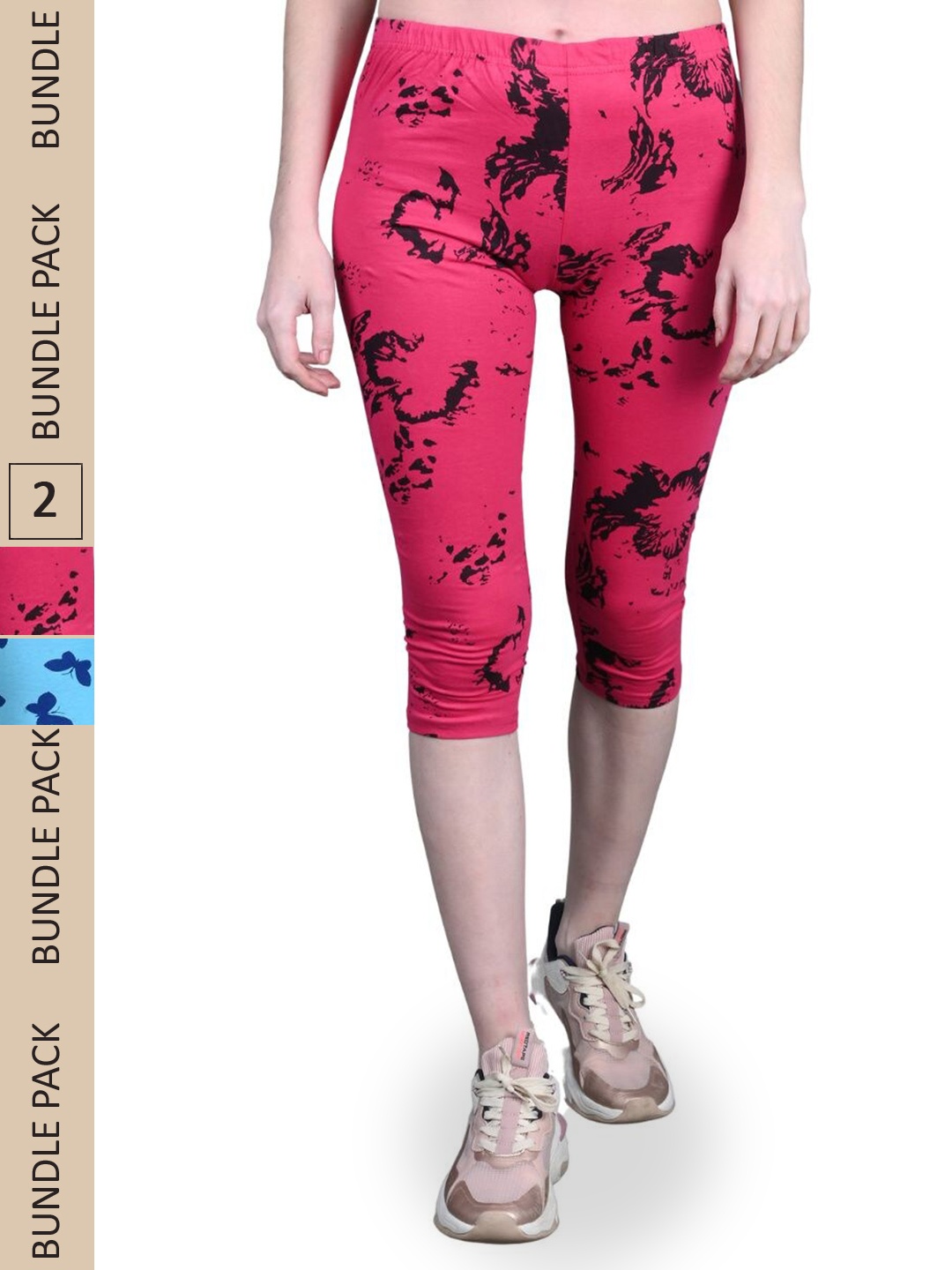 

FRENCH KLEIDER Girls Pack Of 2 Printed Skinny Fit Cotton Lycra Capris, Magenta