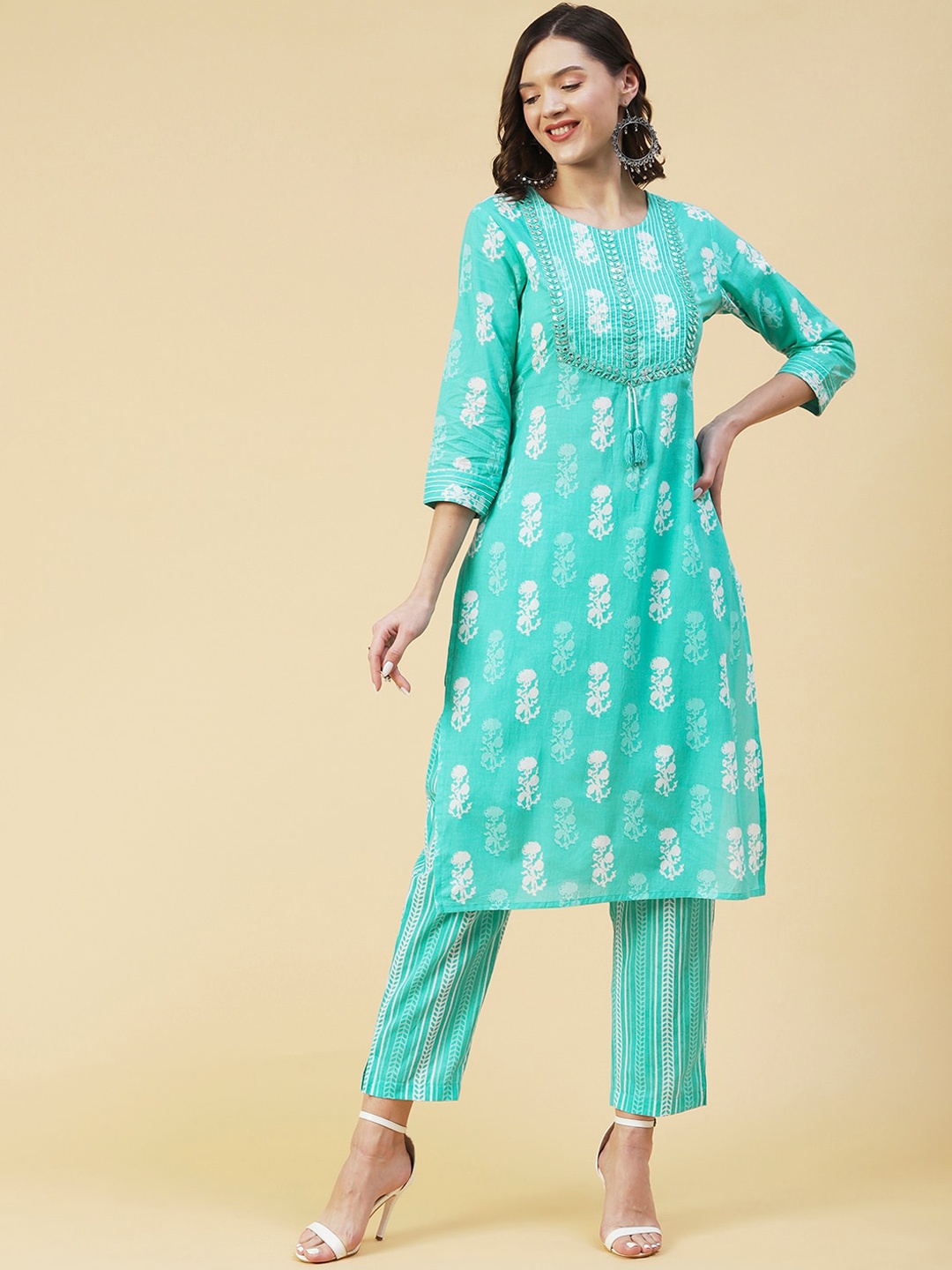 

FASHOR Ethnic Motifs Printed Mirror Work Screen Pure Cotton Kurta with Trousers, Turquoise blue