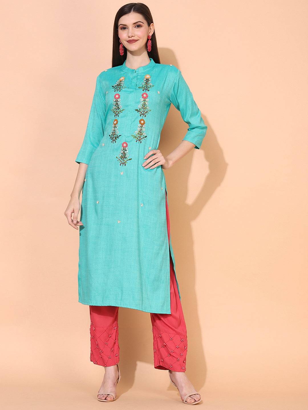 

FASHOR Floral Embroidered Band Collar Thread Work Kurta, Turquoise blue