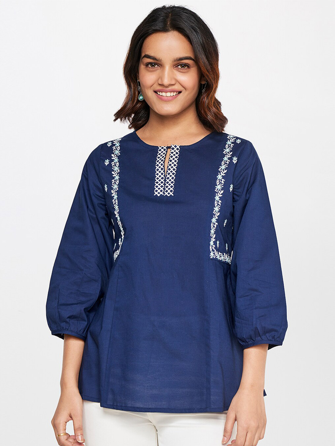 

Global Desi Floral Embroidered A-Line Top, Navy blue