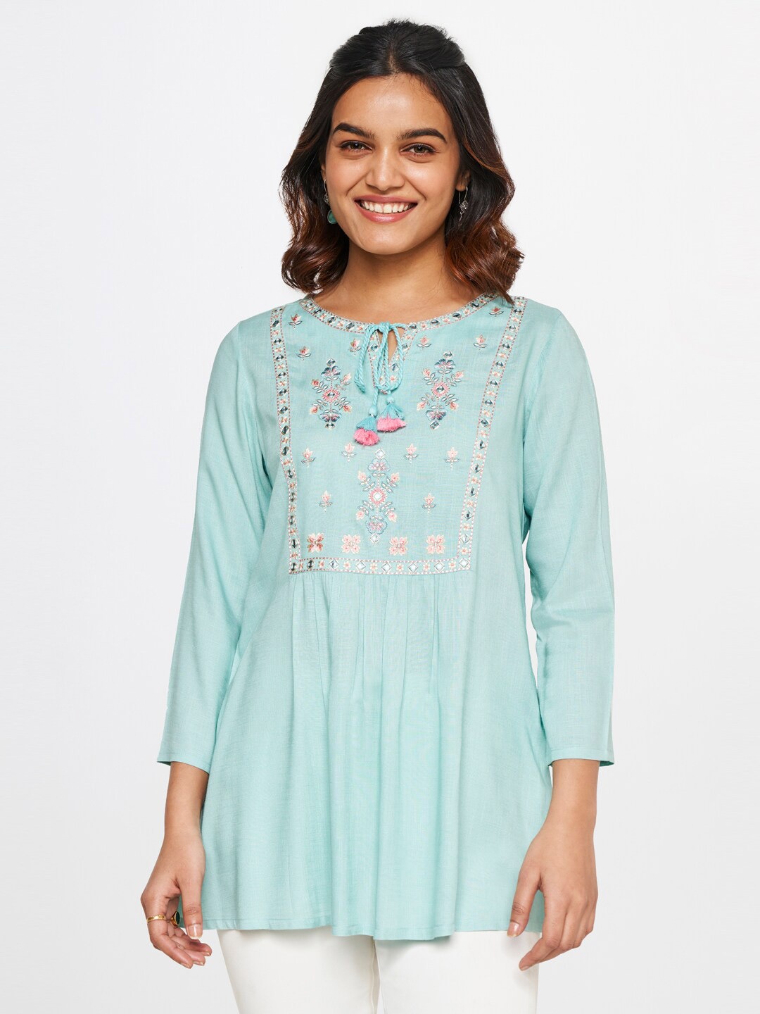 

Global Desi Floral Embellished Tie-Up Neck Top, Blue