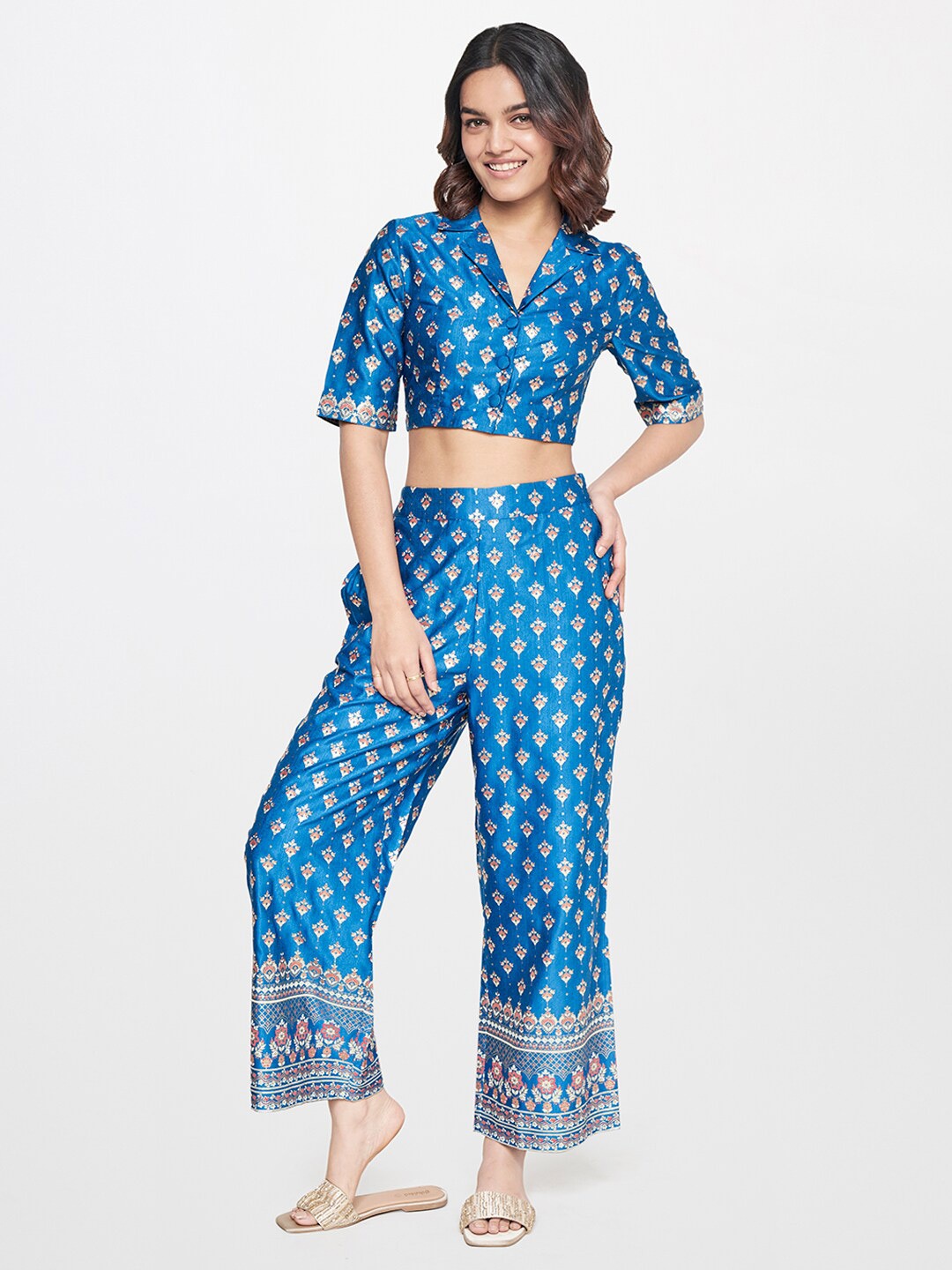 

Global Desi Printed Top with Trousers, Blue