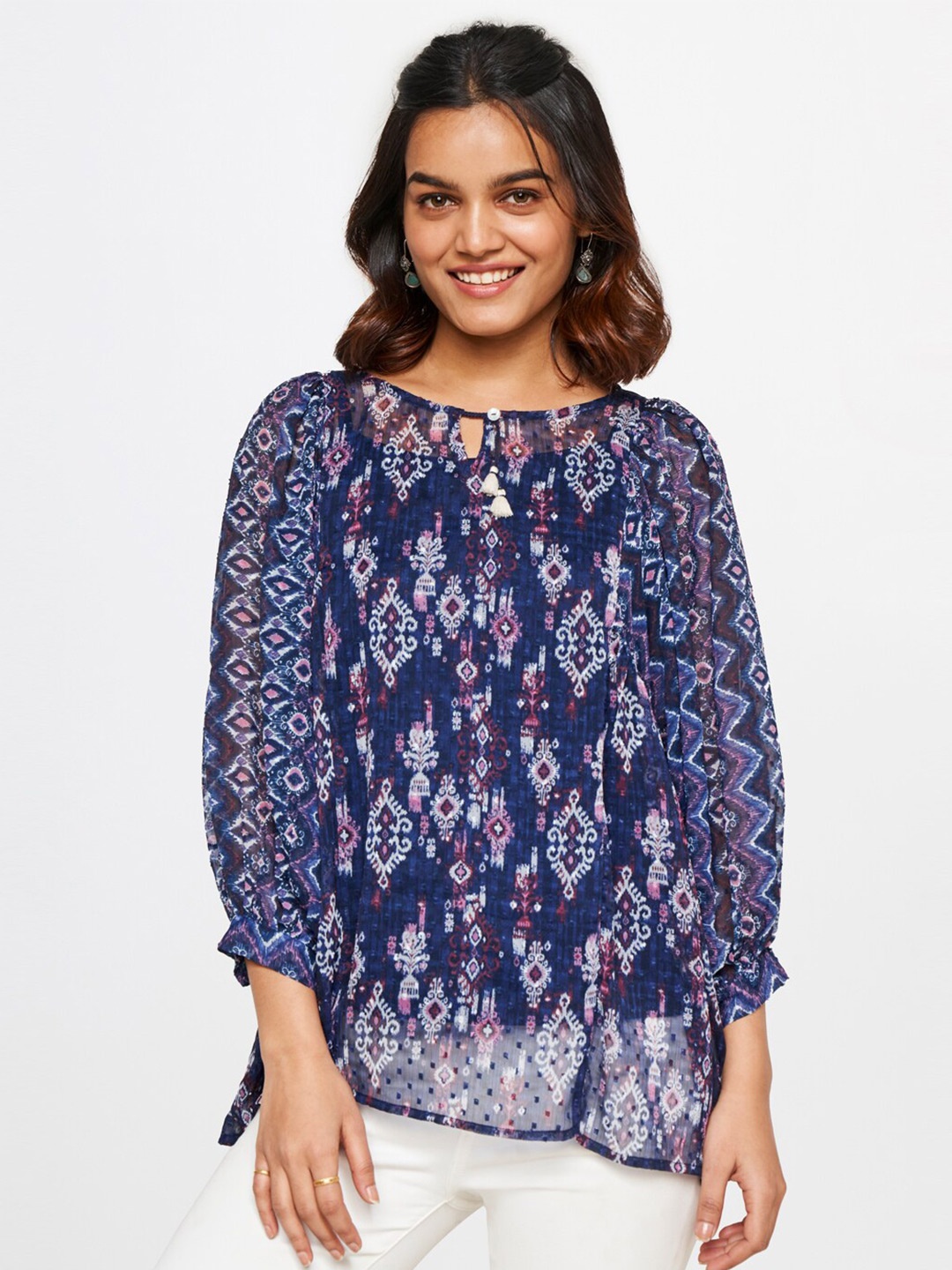 

Global Desi Printed Keyhole Neck Top, Blue