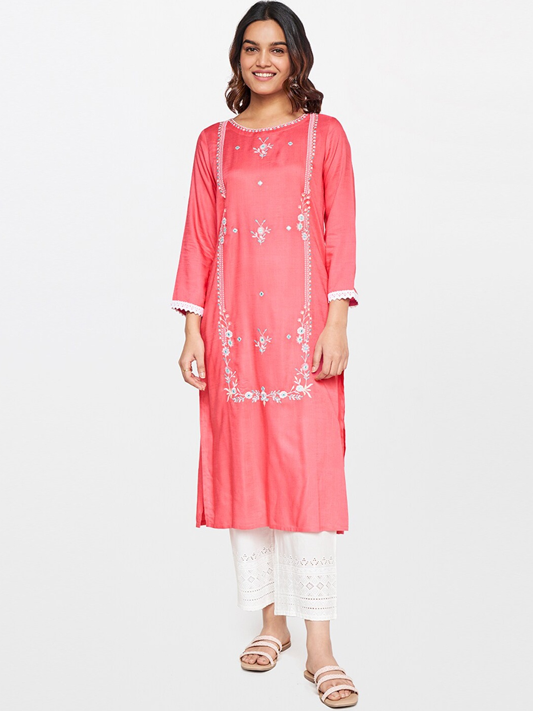 

Global Desi Ethnic Motifs Embroidered Mirror Work Kurta, Coral