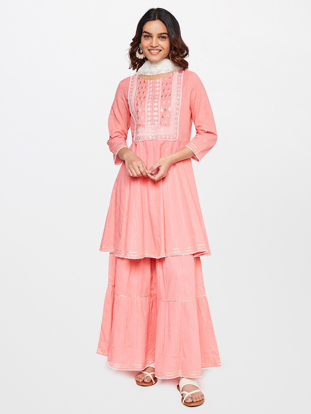 

Global Desi Striped Thread Work A-Line Pure Cotton Kurta with Sharara Dupatta, Peach