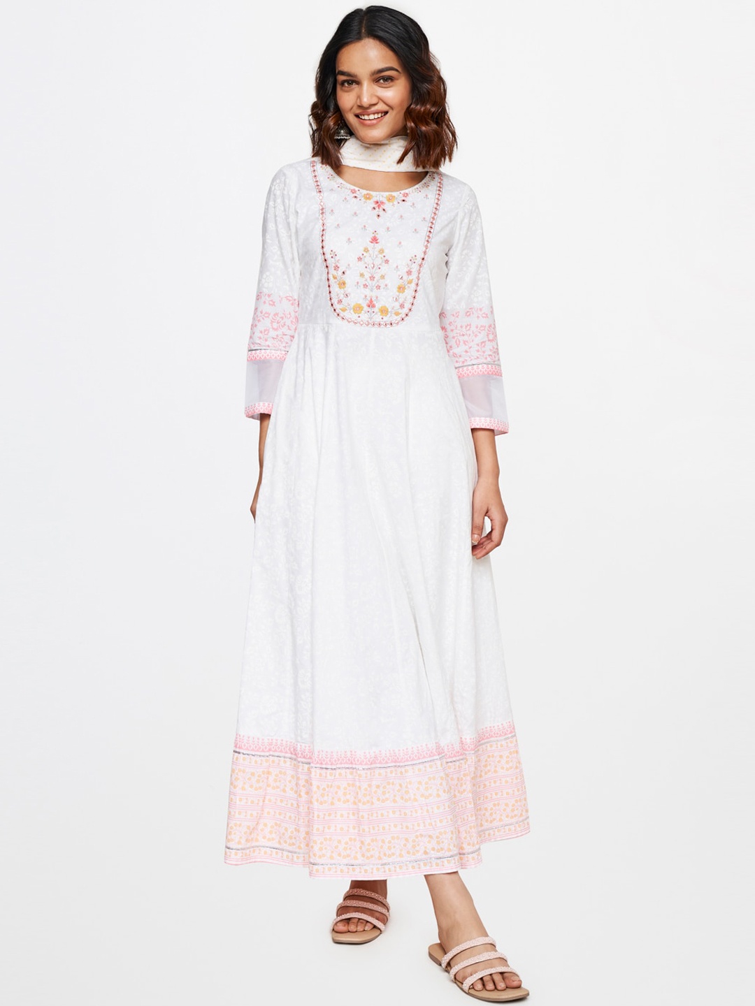 

Global Desi Floral Printed Thread Work Pure Cotton Anarkali Kurta With Dupatta, White