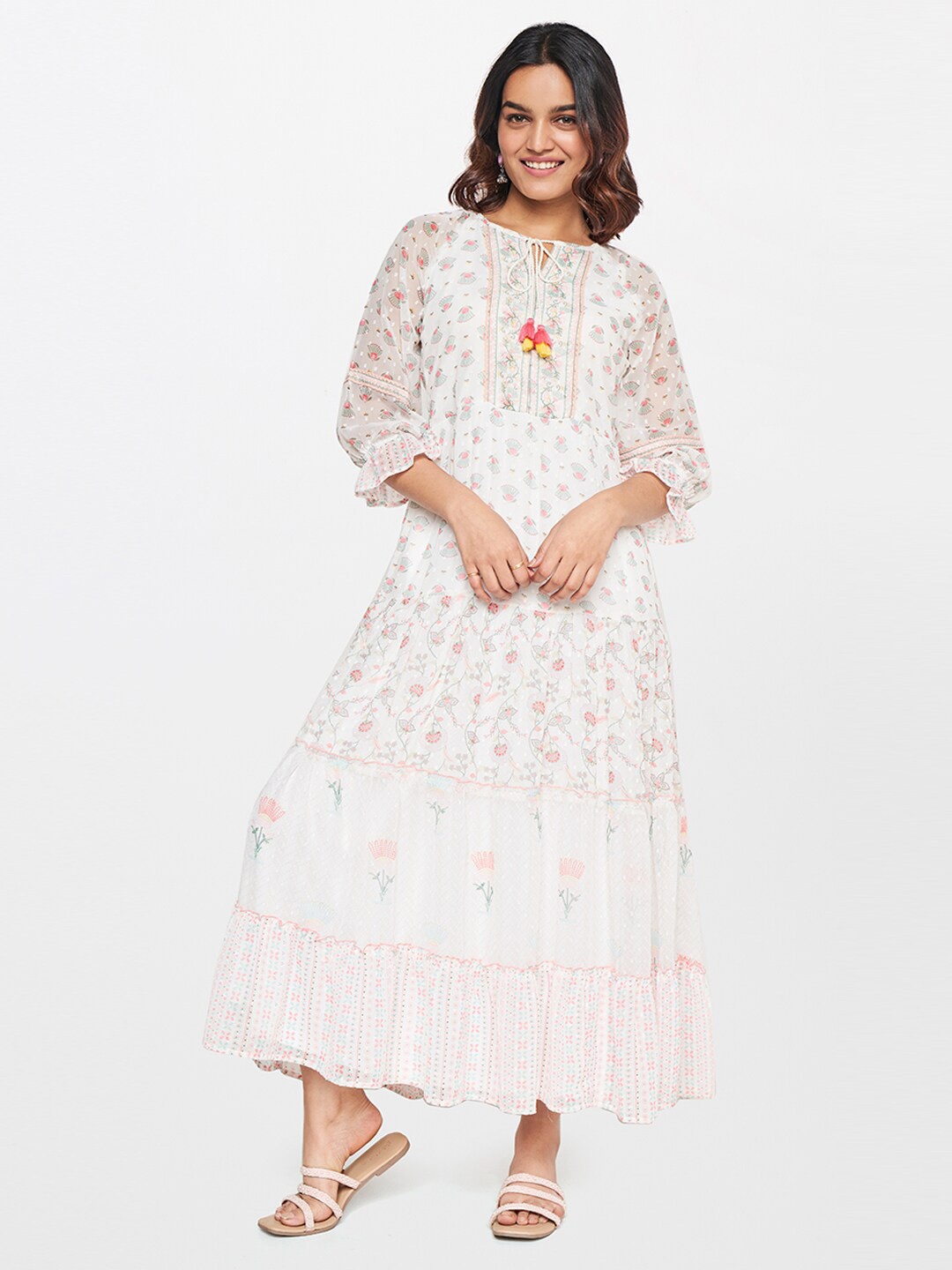 

Global Desi Floral Printed Tie-Up Neck A-Line Dress, Off white